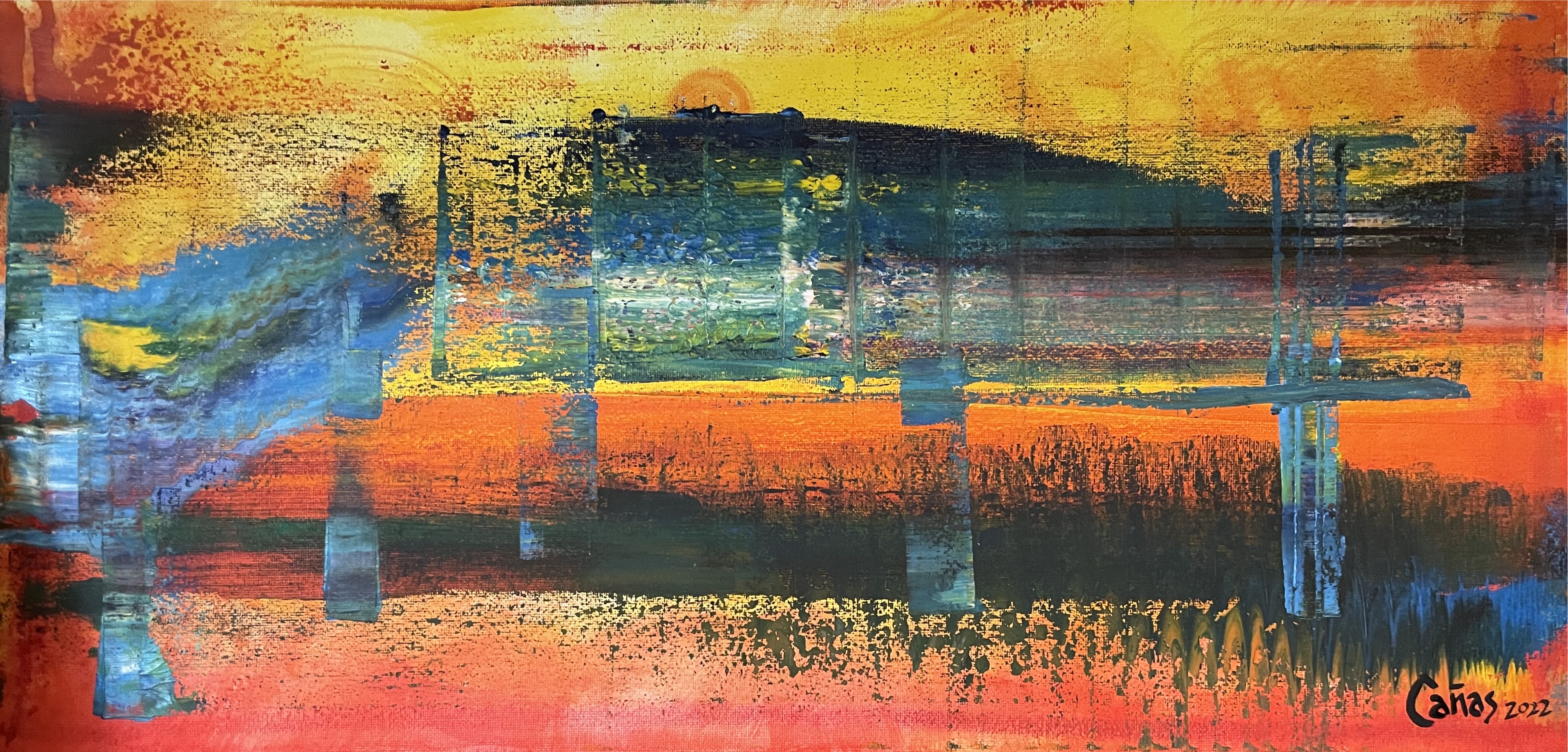 Abstract: Background is red-orange at the bottom and yellow at the top. Horizontal streaks of black. Wobbly pillars of blue.