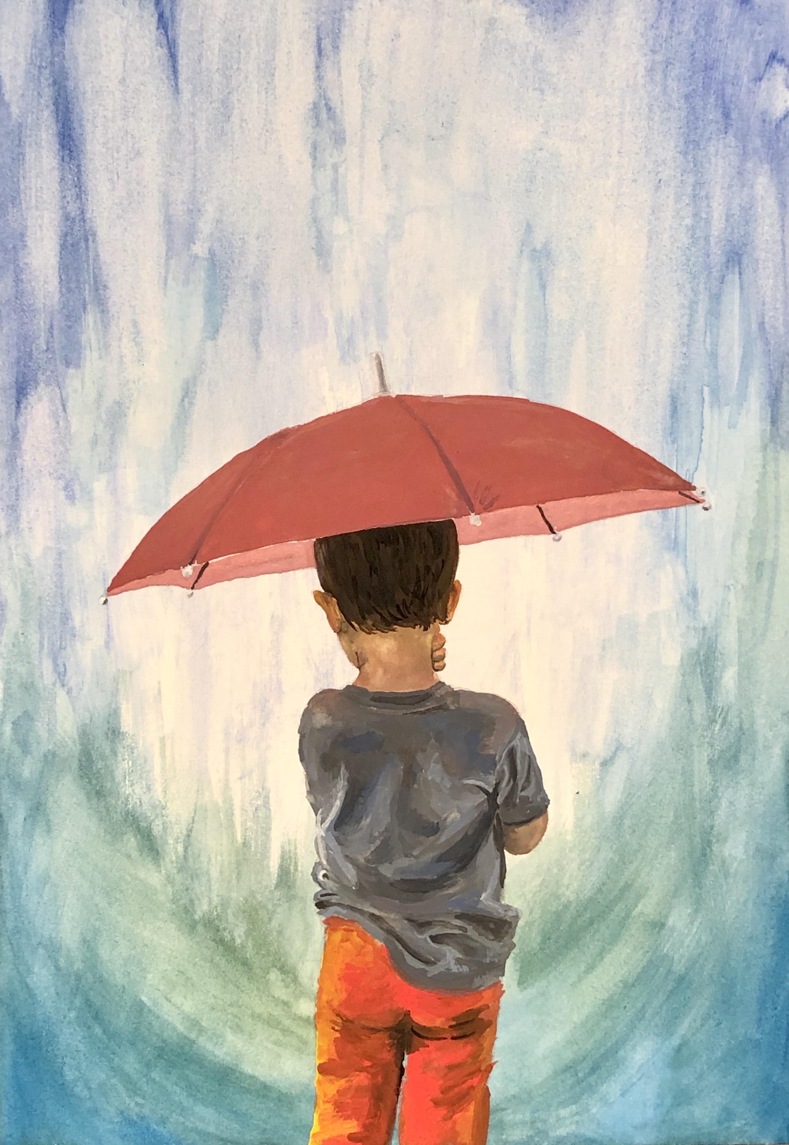 A child holding an open umbrella overhead, viewed from behind